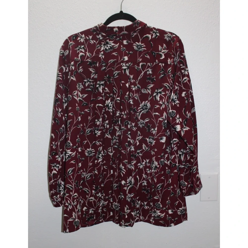 J Jill Womens Burgundy Floral Print Long Sleeve Button Up Shirt Petite L - Picture 3 of 8